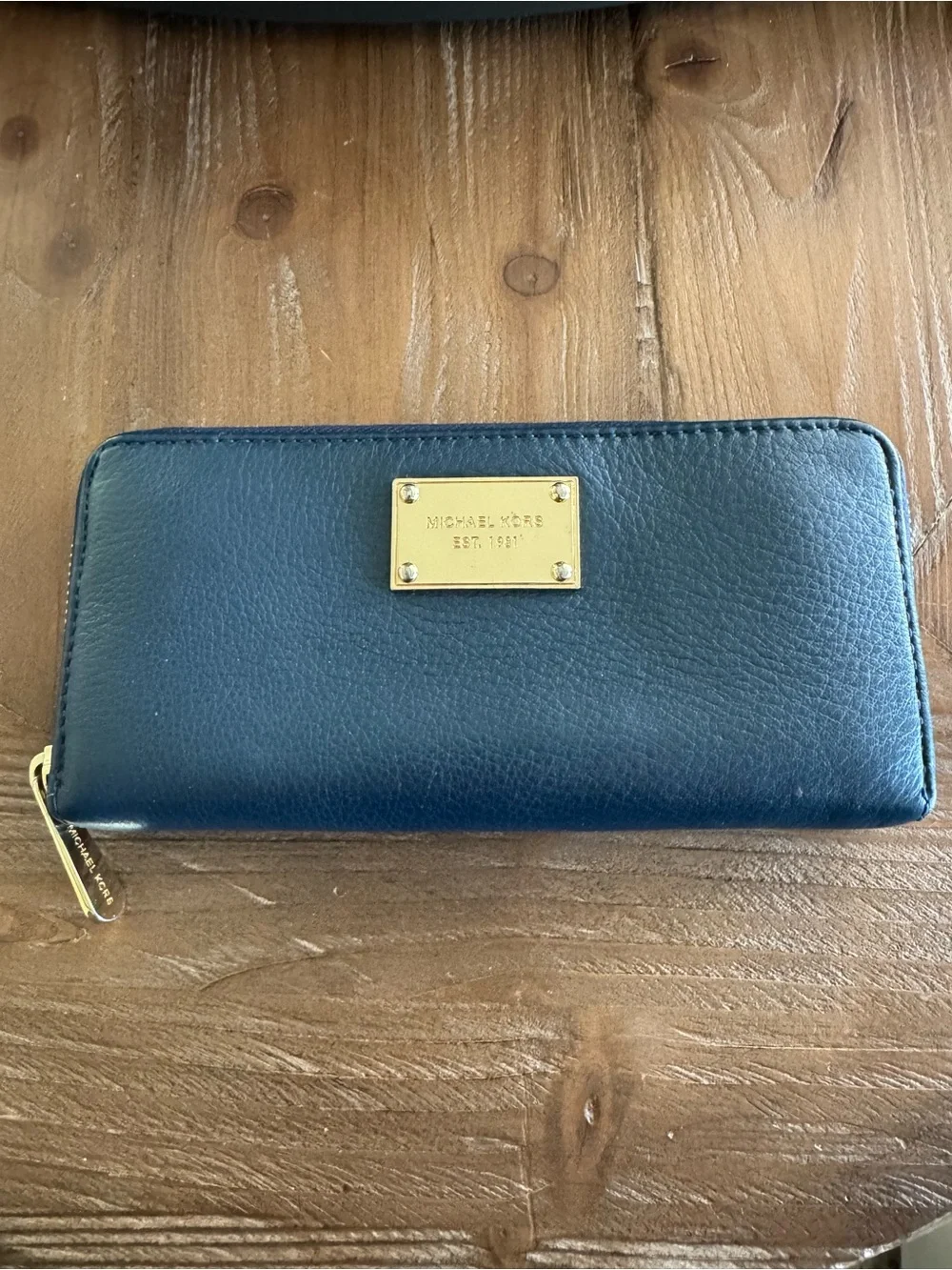 Michael Kors Deep Blue Pebbled Leather Zip Around Wallet with Gold Plate